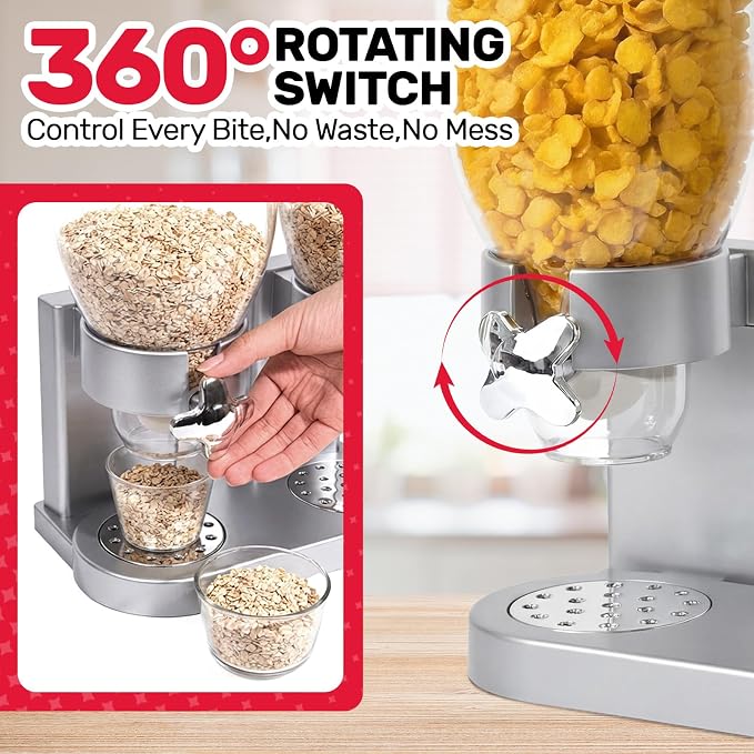 Triple Cereal Dispenser - 3 Pack 2L Large Cereal Containers Storage Airtight, Rotating Plastic Cereal Dispenser for Countertop, Pantry Organizer for Cereal, Rice, Grains, Candy, Coffee Beans