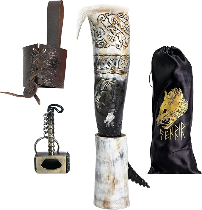 FENRIR Viking Drinking Horns With Stand Leather Hoster | Thor Bottle Opener | Norse Medieval Authentic Ox Horn for Ale, Mead, Whiskey | Unique Gifts for Men | 16-20 oz Triple Horn of Odin