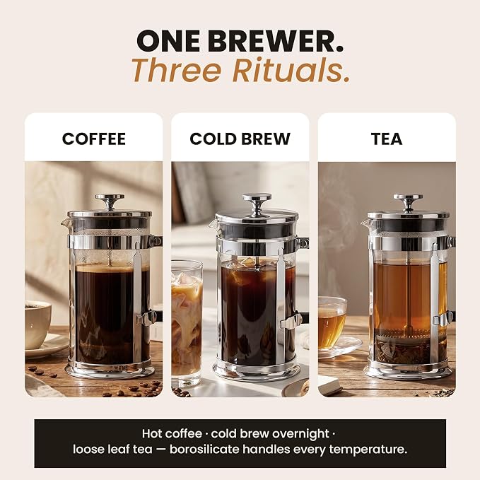 EzDtach French Press Coffee Maker 34oz Chrome – Borosilicate Glass Pot with 304 Grade Stainless Steel French Press, Double Filter and 2 Extra Screens for Rich, Full-Bodied Flavor at Home or Office