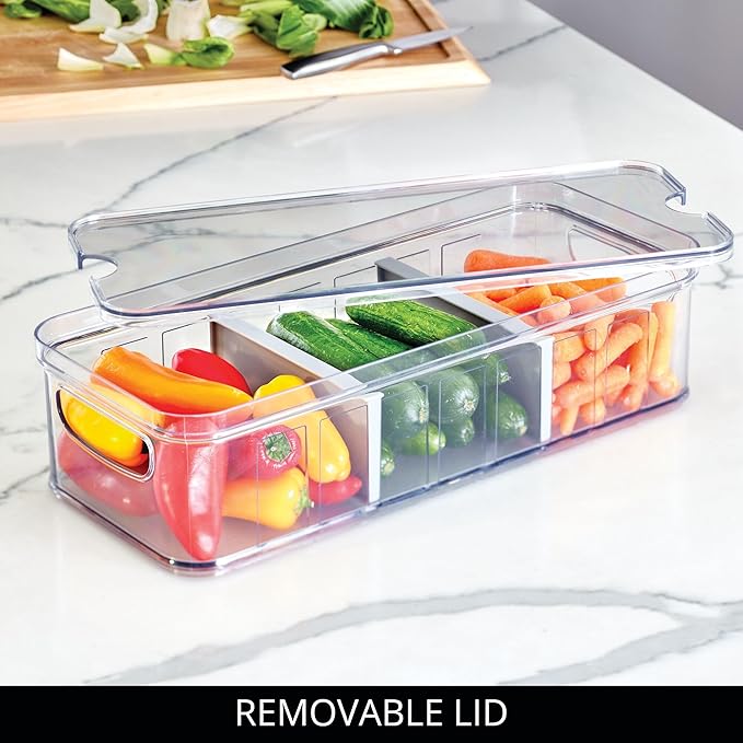 iDesign Large Fridge Organizer Bin with Removable Divider and Lid - Set of 6 - Clear/Gray
