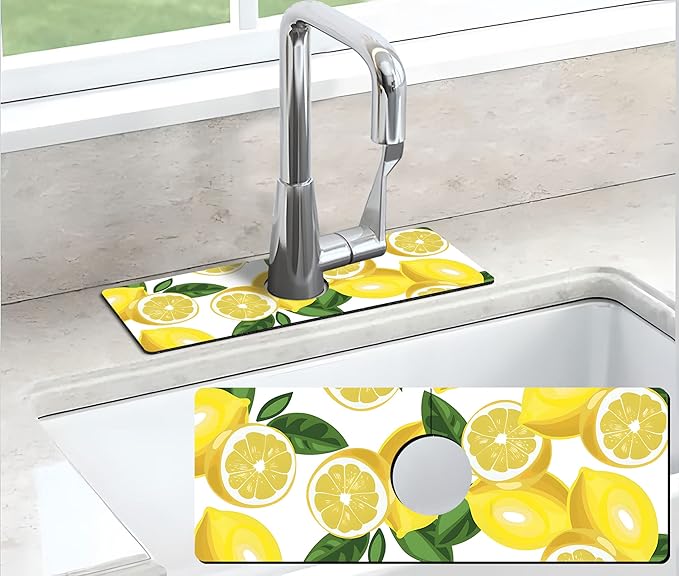 Kitchen Sink Splash Guard Faucet Mat Super Absorbent Fast Drying Mat Sink Gadgets Splash Guard Behind Faucet Drip Catcher for Kitchen (Lemon-1, 15x5.5in)