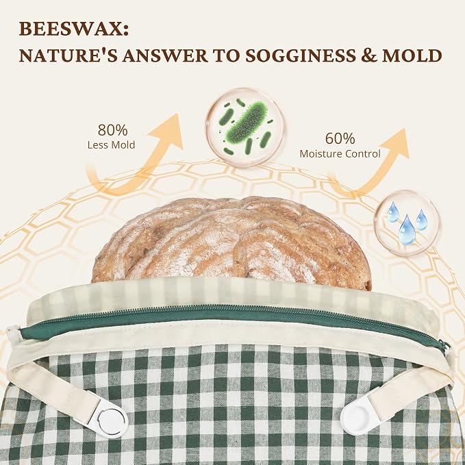 BRONYPRO Reusable Beeswax and Linen Bread Bags with Zipper, 2-Pack Waxed Bread Bags for Homemade Bread & Sourdough, Sustainable Loaf Storage to Lock in Freshness, Large 17x12.6in, Green Gingham