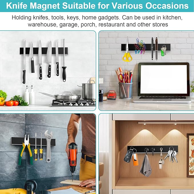 Knife Magnetic Strip With 3 Hooks, 14" Magnetic Knife Holder for Wall Mount Fridge Refrigerator, 17 Inch Magnetic Knife Holder with 4 Hooks,Dual Rod Strong Magnet Knife Bar for Partry Garage Tool Rack