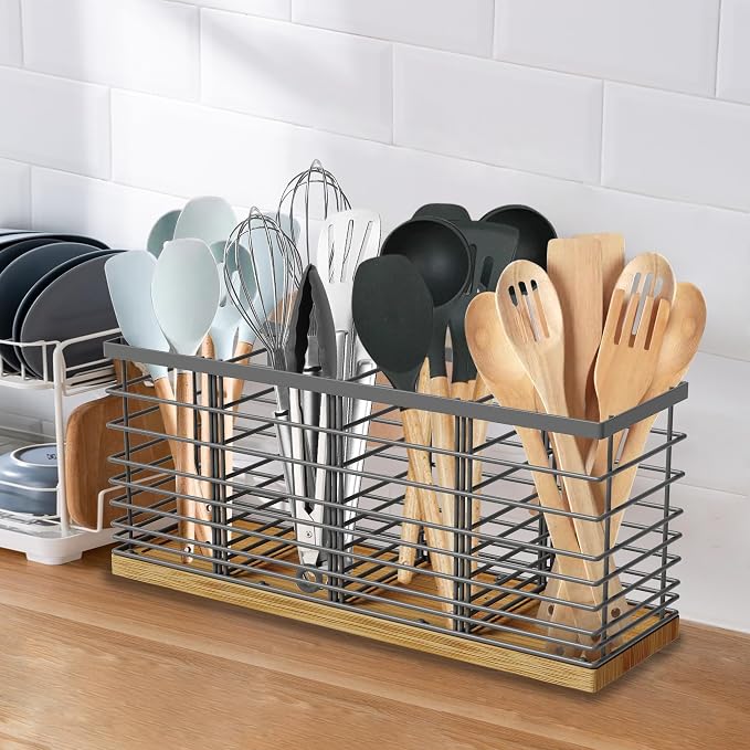 Suli Extra Large Kitchen Utensil Holder Countertop with 4 Compartments,Grey Metal holder with Wooden Base for Countertop,Farmhouse Utensil Organizer for counter,Rustic Cooking Utensil Organizer