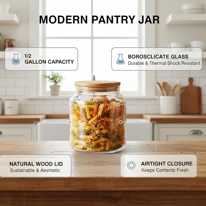 kitchentoolz 1/2 Gallon Mason Jar - Borosilicate Half Gallon Mason Jars Large - 64oz Wide Mouth Big Storage with Wooden Lid - Half Gallon Glass Jar - 4 Pack