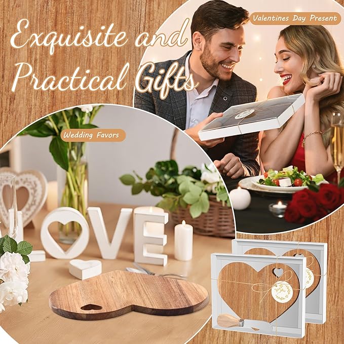 Maxcheck 12 Set Bridal Baby Shower Favor Heart Shaped Charcuterie Board Bulk 7x5inch Mini Cheese Board Gift with Knives Thank You Tag for Guest Birthday Bridal Wedding Baby Shower Prize (Brown)