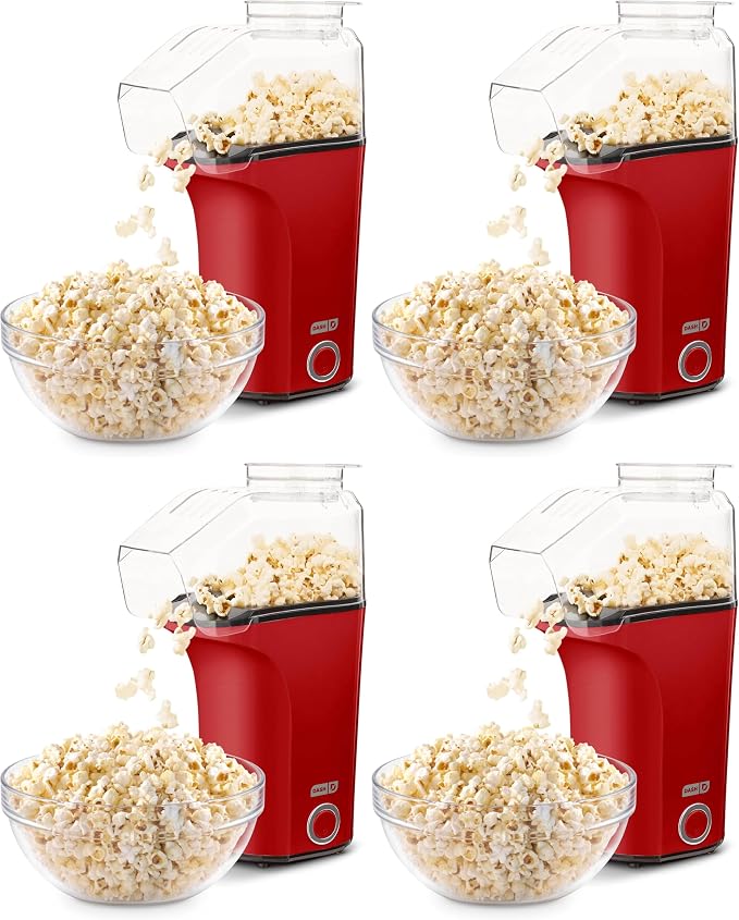 Dash Fresh Pop Popcorn Maker - Oil-Free,Air Popcorn Popper - With Measuring Cup & Recipe Guide - Perfect for Movie Nights - 16 Cups,Red,(Pack of 4)
