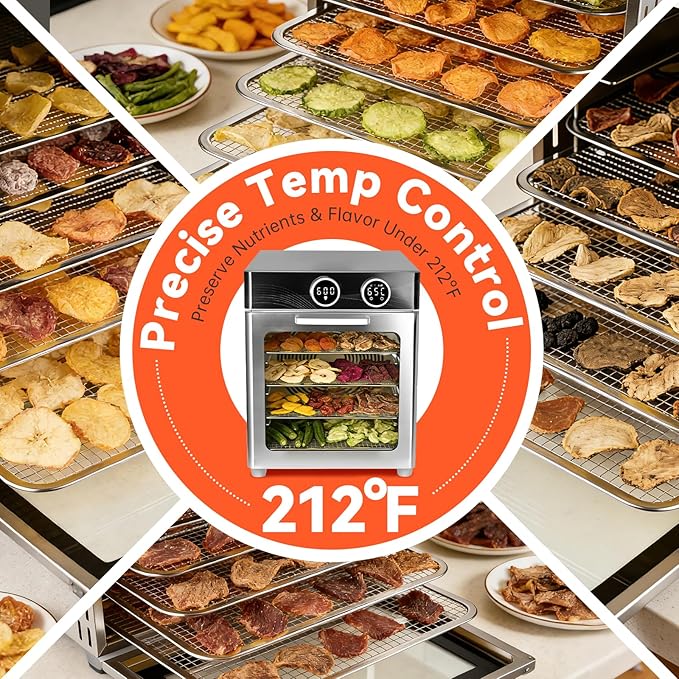Food Dehydrator Machine, 8 Stainless Steel Trays, 7.24 Sq Ft Large Capacity Food Dehydrator, Precise Temperature Control & Timer, View Window, Dryer for Jerky, Herb, Fruits, Pet Treats