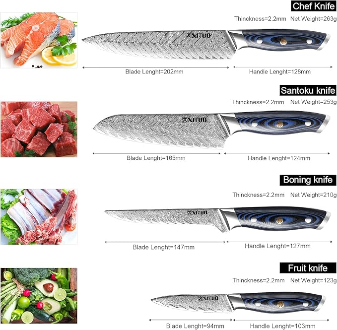 XITUO Damascus VG10 Steel Knife Set, 4-Piece Japanese Kitchen Knives with Ergonomic G10 Handle - Includes Chef, Santoku, Utility & Boning Knife, Ultra-Sharp Professional Cooking Tools