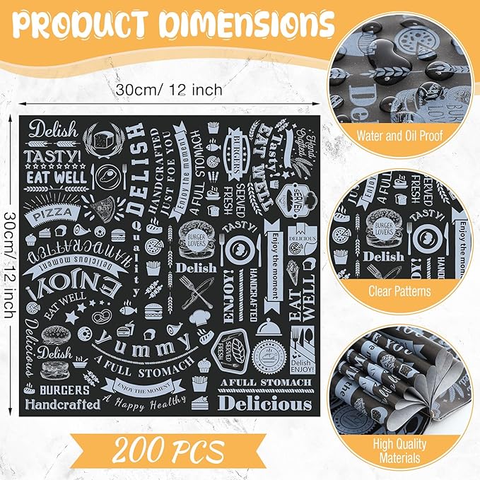Marspark 200 Pcs Deli Wax Paper Sheets 12 x 12 Inches Square Grease Resistant Tray Basket Liners Hot Dog Wrappers Newsprint Water and Grease Proof Sandwich Wrapping Paper for Food Baking (Black White)