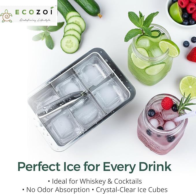 Ecozoi Stainless Steel Metal Ice Cube Trays With Easy Release Handle - 2 Pack | 12 Large Ice Cube Slots | Removable Slots For Easy Ice Cube Removal And Cleaning | Eco Friendly, Plastic Free