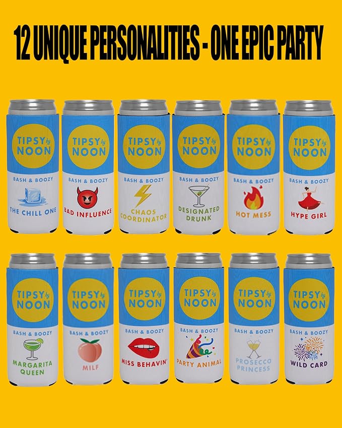 Funky Junque Bachelorette Party Favors Slim Can Cooler, Funny Bridesmaid & Bride Gifts for Girls Trip, Bridal Shower Decorations & Accessories, 12 oz Skinny Can Covers - Tipsy by Noon - 12 Pack
