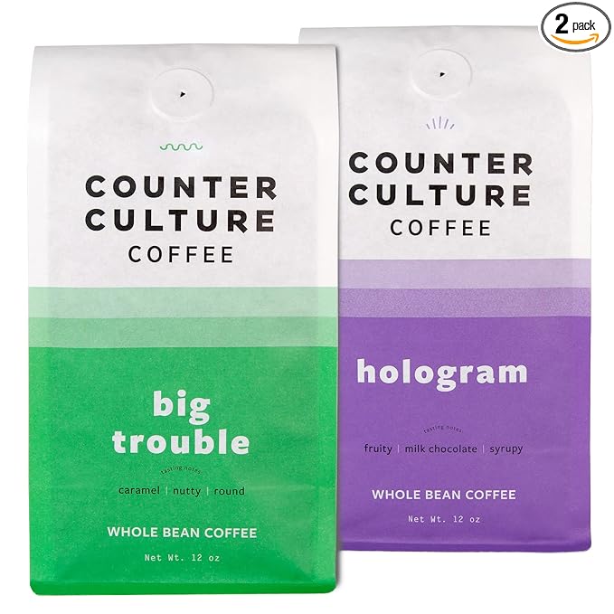Counter Culture Whole Bean Coffee 2-Pack (Big Trouble - Medium Dark Roast & Hologram - Medium Roast) Sustainably Sourced - B Corp - Whole Coffee Beans - Kosher - Gluten Free & Nut Free - 12oz Bags