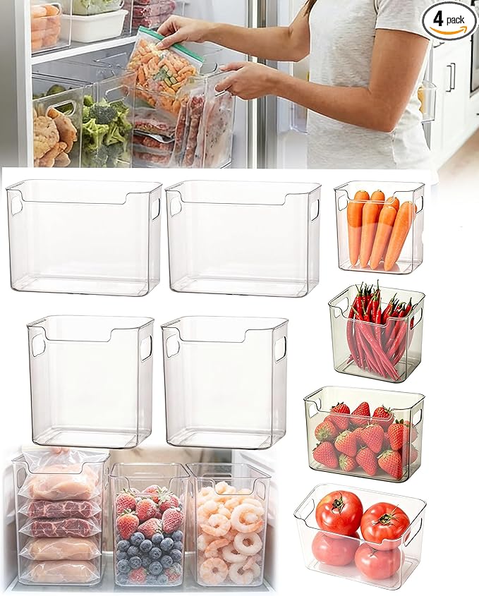 Clear Plastic Freezer Storage Bins, 4 Pack Stackable Refrigerator Organizer Containers with Handles for Meat, Veggies, and Pantry (2PS Small Size*2ps Large)
