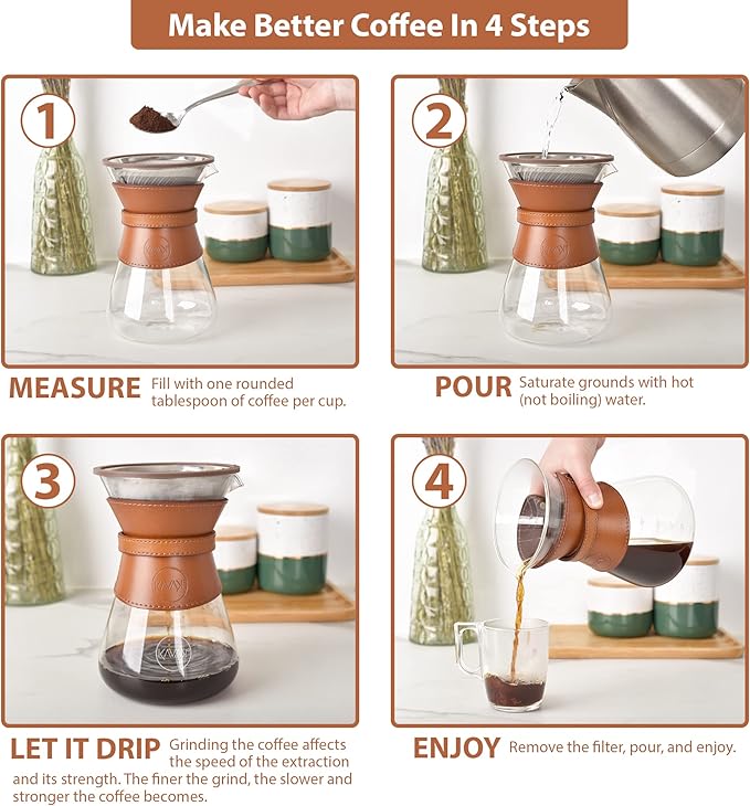 Pour Over Coffee Maker Set with Double-Layer Stainless Steel Filter, Coffee Dripper, Cork Lid and Leather Collar Holder - High Heat Resistance Borosilicate Glass Carafe, Great Gift Idea (37 oz)