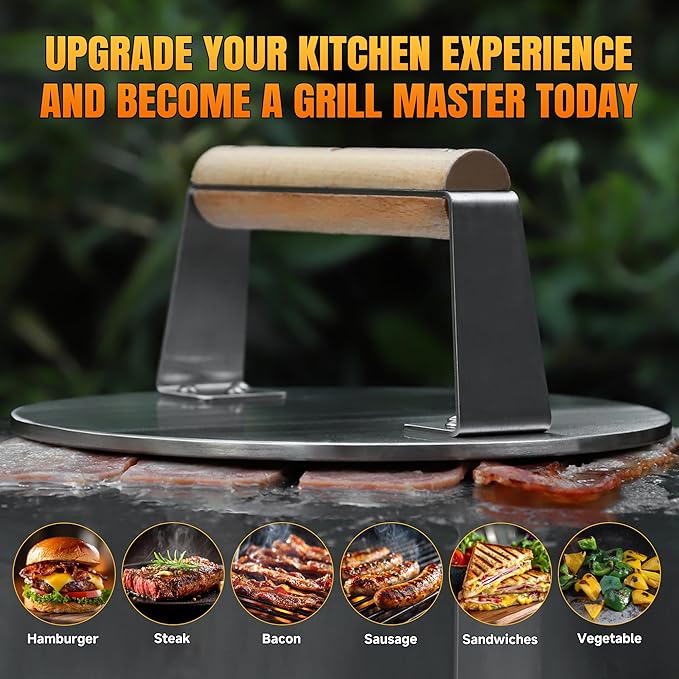Professional-Grade 8.5-Inch Extra-Large Burger Press – Heavy Duty Stainless Steel Wooden Handle 3.65 lbs Easy to Clean for Hamburger Patties Bacon & Sandwiches Premium Grilling Tool