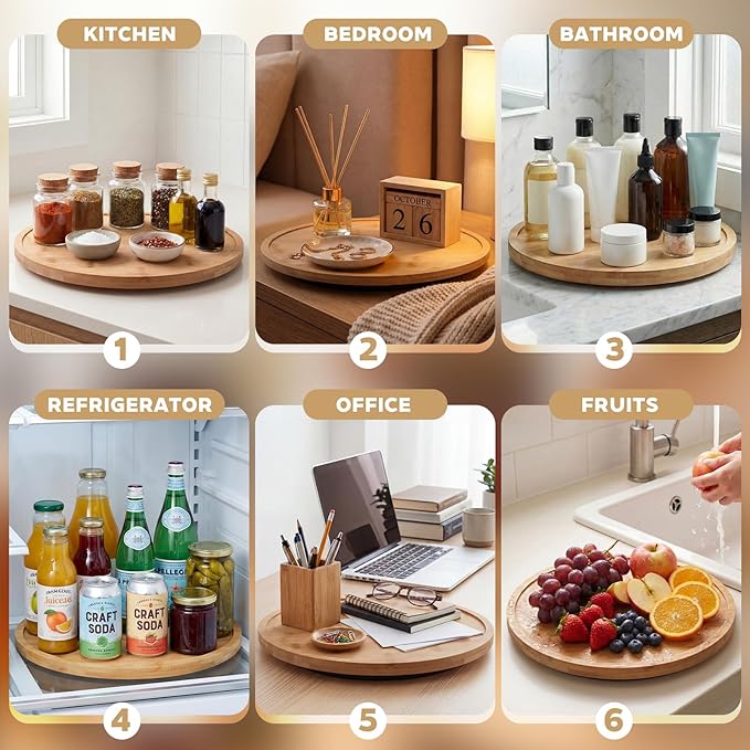 Novabright 3 Set 12'' 10'' 9'' Bamboo Lazy Susan Rotating Turntable Organizer Wooden 360 Degree Large Kitchen Tray for Counter Pantry Spice Pepper Olive Oil Table Organization and Storage