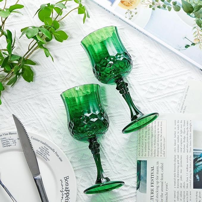 Pinkunn 24 Pcs 7 oz Plastic Vintage Wine Glasses Reusable Colored Goblets Patterned Drinking Water Glasses Cup Dishwasher Safe for Mother's Day Wedding Reception Party Supplies (Green)