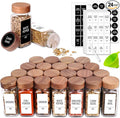 Churboro 24 Spice Jars with 547 Labels - Glass Spice Jars with Shaker Lids - 4 Oz Square Spice Containers with Acacia Wood Lids, Chalk Pen, Funnel- Seasoning Jars for Spice Rack, Cabinet, or Drawer