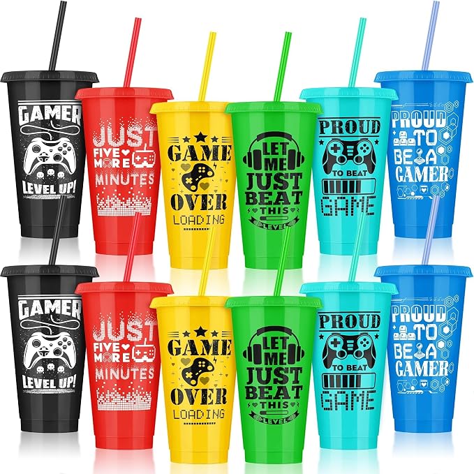 Kochorie 12 Pieces Video Game Plastic Cups 24 Ounces Gaming Party Cups with Lids and Straws Mixed Colors Video Game Tumbler Cups for Birthday Party Video Game Party Supplies Tableware