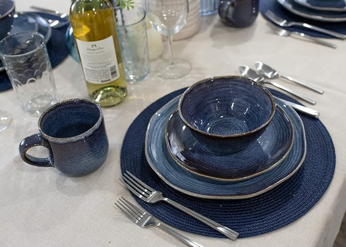Elanze Designs Reactive Glaze Farmhouse Rustic Boho Ceramic Stoneware Dinnerware 16 Piece Plate Bowl Mug Dish Set - Service for 4, Purple Ombre Blue