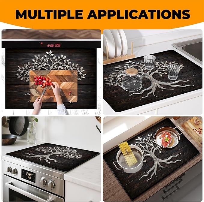 Stove Top Cover- Mat for Electric Stove Protector with Anti-Slip Rubber Coating Dish Drying Mats Scratch-Resistant (Old Tree, 28.5" x 20.5")