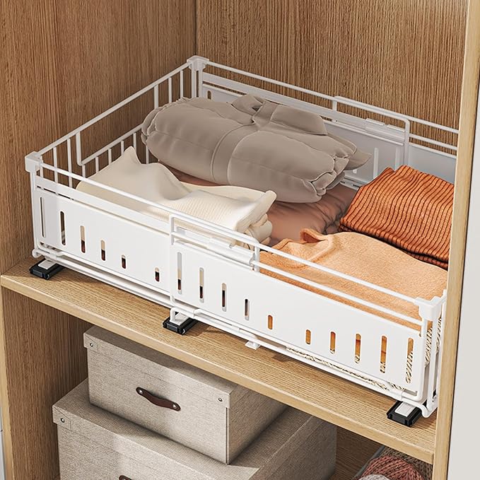 Expandable Pull Out Cabinet Organiser, No Drill Adhesive Slide Out Kitchen Drawer Shelf Durable Metal for Under Sink, Cupboard, Pantry, Adjustable Width (12.8"-19.7") (Style A White, 1 Pack)