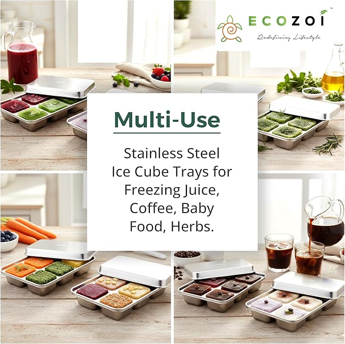 ecozoi Stainless Steel Ice Cube Trays, 2 Pack with 12 Ice Cube Slots - Easy Release, Plastic-Free, Zero Waste