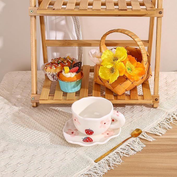 Koythin Ceramic Coffee Mug with Saucer Set, Cute Creative Cup Unique Irregular Saucer Design for Office and Home, 6 oz/180 ml for Latte Tea Milk (Strawberries and Flowers)