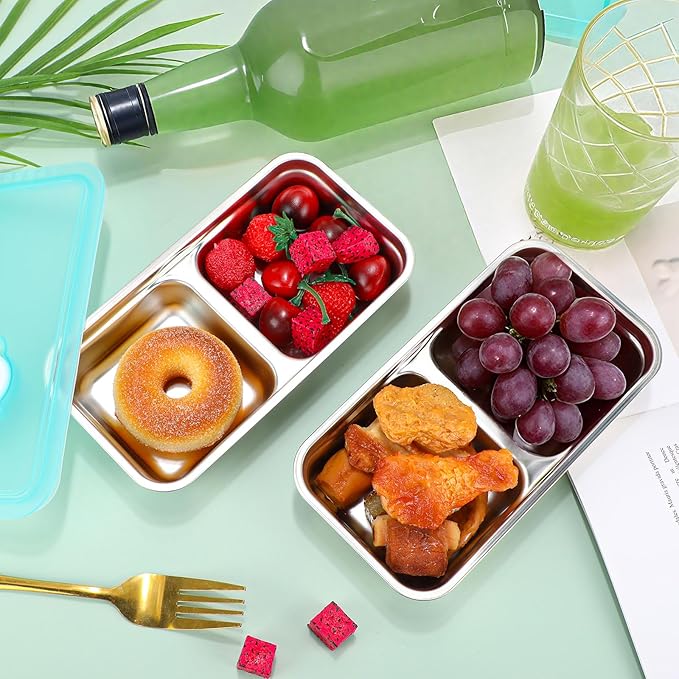 Teenyyou 20 Pcs Stainless Steel Snack Containers 30 oz 2-compartment Meal Prep Containers Reusable Metal Divided Bento Box with Silicone Lids Leakproof Lunch Box Dishwasher Safe (Blue)