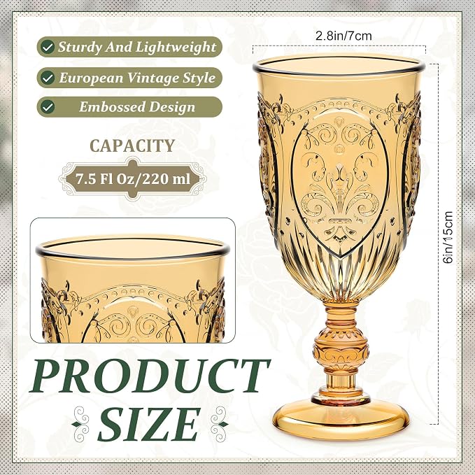 Wiwiqing 24 Pcs Plastic Goblets 7.5oz Vintage Goblet Plastic Wine Glasses Colored Retro Embossed Water Goblets for Wine Bar Juice Baby Shower Wedding Reception Grand Event Party (Amber)