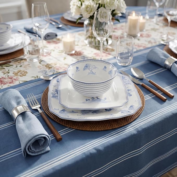 222 Fifth 12-Piece Porcelain Dinnerware Set for 4, Glossy White Plates and Bowls Set with Blue Decal, Elegant Square Ceramic Dish Set, Kitchen Tableware, Microwave & Dishwasher Safe, Scenic Toile