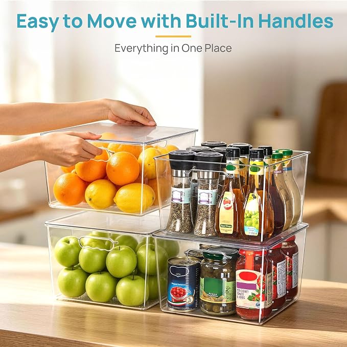 Vtopmart 4 Pack Extra Large Clear Stackable Storage Bins with Lids, 11x11 Cube Organizer with Handle, Plastic Containers for Pantry, Closet, LaundryRoom, Kitchen, Bathroom, UnderSink Organization