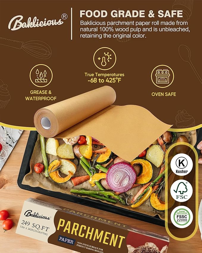 Unbleached Parchment Paper Roll for Baking, 2 Pack of 13 In X 242 Ft, Non-stick Baking Paper, Food Grade Cooking Papers For Bread, Cookies, Heat Press, Pans, Oven, Air Fry