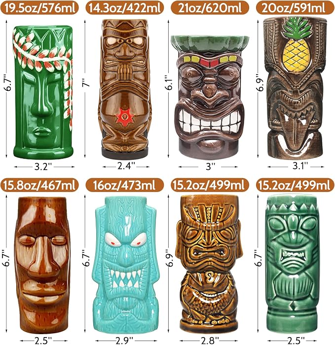SuproBarware Tiki Mugs Set of 8 – Ceramic Hawaiian Party Drinkware, Tiki Bar Mugs for Cocktails, Premium Tropical Cups Drinks for Exotic Party