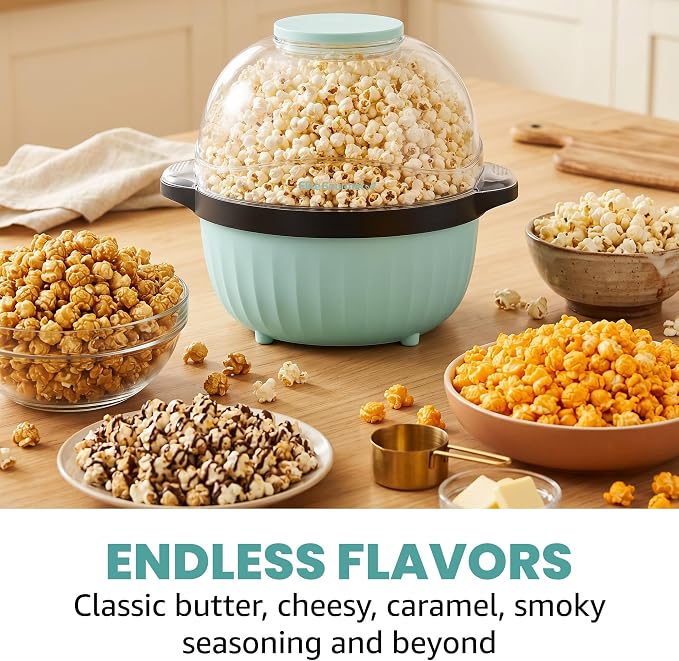 Elite Gourmet 4.5Qt. Stirring Popcorn Maker with Ceramic Coated Plate, Stirring Rod, Clear Cover Doubles as Serving Bowl, Butter Melting Tray, Up to 18 Cups, Makes Fresh Buttery Popcorn, Mint