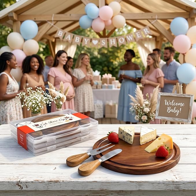 Upgraded Storage-Ready Mini Charcuterie Cheese Board & Serving Tray, 1-Pack 6-Inch Small Personal Plate with Knife & Fork, Acacia Gift package for Baby Shower Party, Handcrafted Rustic