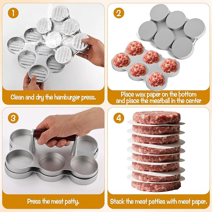 Mini Burger Press Small Meat Patty Maker with 300 Patty Papers Round Shape Press Patty Maker for Mini Hamburger, Barbecue, Picnic, Camping, Six 2.64-inch molds (6 Slots+300 Patty Papers)