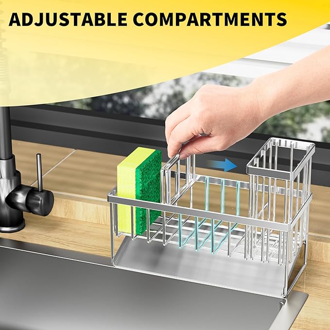 Cisily Sink Caddy Sponge Holder for Kitchen, 304 Stainless Steel Rustproof, Kitchen Sink Caddy with High Brush Holder, Dish Sponge Organizer with Divider(Silver)