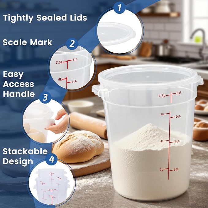 4 Pack 8QT Round Food Storage Containers with Lids | NSF, BPA-free PP containers with scale, label and measuring cup, stackable for prep, storage, freezer. Dishwasher safe
