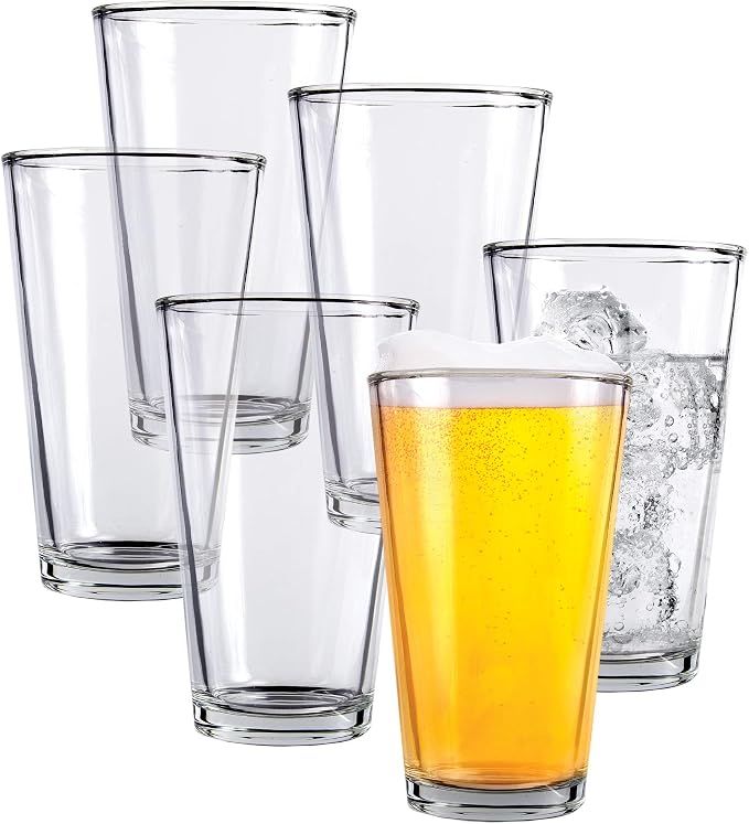 Kitchen Lux Pint Beer Glasses Set of 6 – 16 oz Tall Clear Drinking Glasses and All Purpose Tumblers – Heavy Base Cocktail, Water, Juice Glass – Pub Style Design For Home Dining, Bars, and Parties