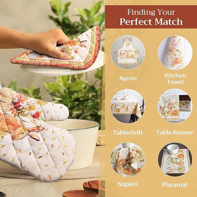 Maison d' Hermine Pot Holders Set 100% Cotton Heat Resistant Potholders 8" x 8" Hot Pads with Loop for Thanksgiving Christmas Decorations BBQ Baking Handling Hot Pans (Pack of 2, Pumpkin Passion)