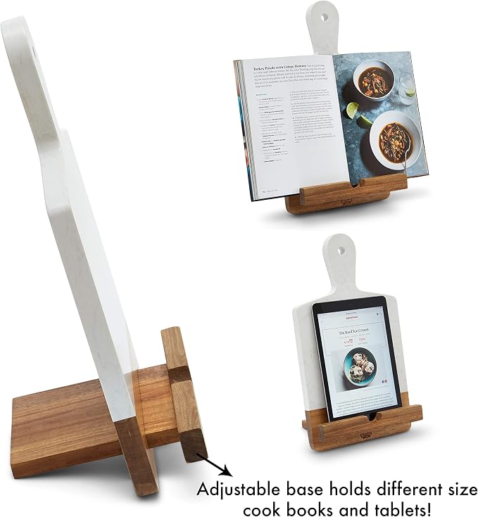 The Original Patented TENDER COTTAGE Cookbook Holder - Charcuterie Board - White Marble Cheese Board - Christmas, Mothers Day, Grandmother Gift, Wedding, Housewarming