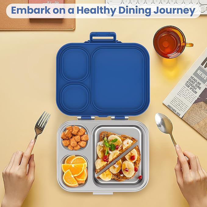 Pawtong Stainless Steel Bento Lunch Box for Kids | 3-Compartment Lunch Box Container Kids | 100% Leakproof, Eco-Friendly, Perfect Portion Control for Kids&Adult Healthy Meals (Blue)