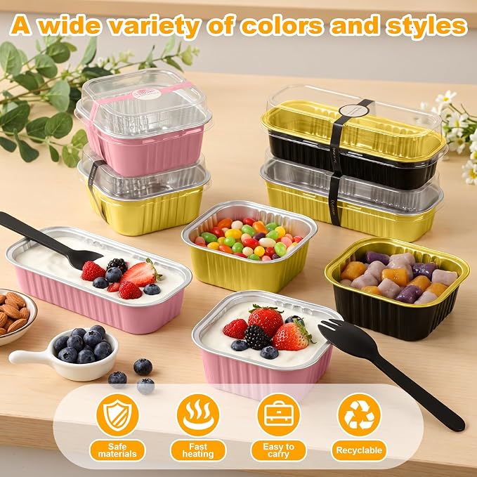 LemonRoad 120 Sets Mini Loaf Pan with Lids and Spoons 6.8oz Rectangular Aluminum Foil Bread Pan 5oz Square Cake Cup with Decal Disposable Baking Supply for Graduate Wedding Birthday (Pink,Gold,Black)