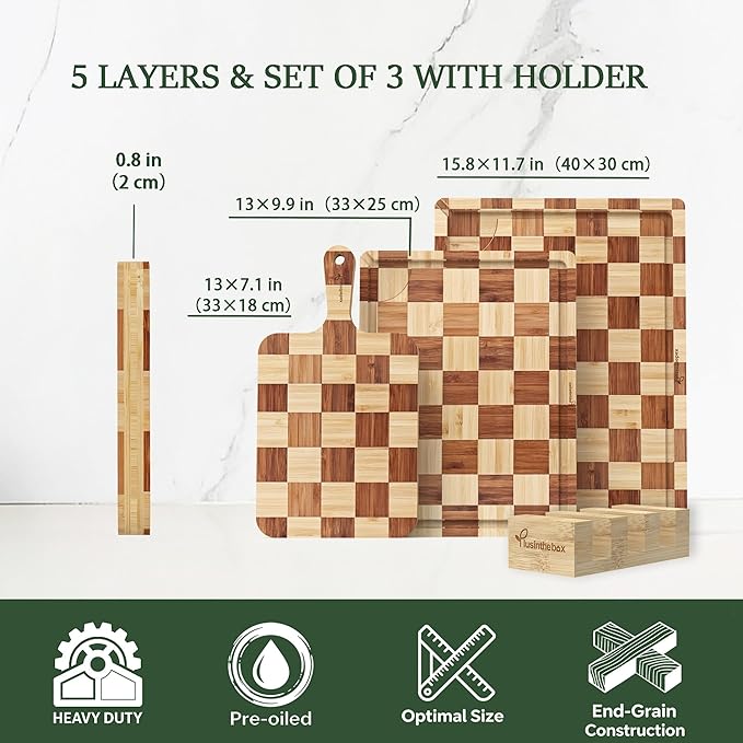 Bamboo Cutting Board Set of 3 for kitchen Checkered End Grain Wood Chopping Boards with Storage Stand & Deeper Juice Grooves | Wooded Butcher Block for Meat, Cheese, Charcuterie & Kitchen Prep