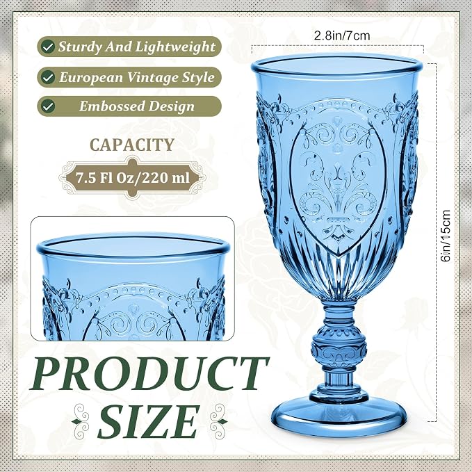 Wiwiqing 24 Pcs Plastic Goblets 7.5oz Vintage Goblet Plastic Wine Glasses Colored Retro Embossed Water Goblets for Wine Bar Juice Baby Shower Wedding Reception Grand Event Party (Royal Blue)