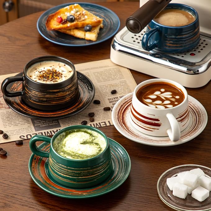 YUN TAO 8 oz Ceramic Cappuccino Cups and Saucers Set of 4, Latte & Cappuccino Mugs Coffee Set for Latte Art, Home Kitchen & Daily Use