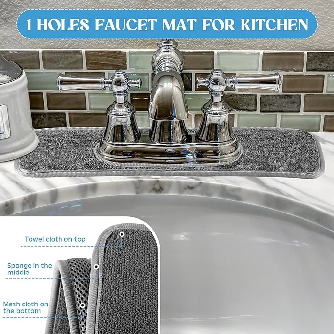 Teenyyou 2 Pcs Faucet Mat for Kitchen Sink Splash Guard for Kitchen Sink Faucet Dish Drying Mat for Bathroom Sponge Holder (Gray and Black,1 Oval Hole)