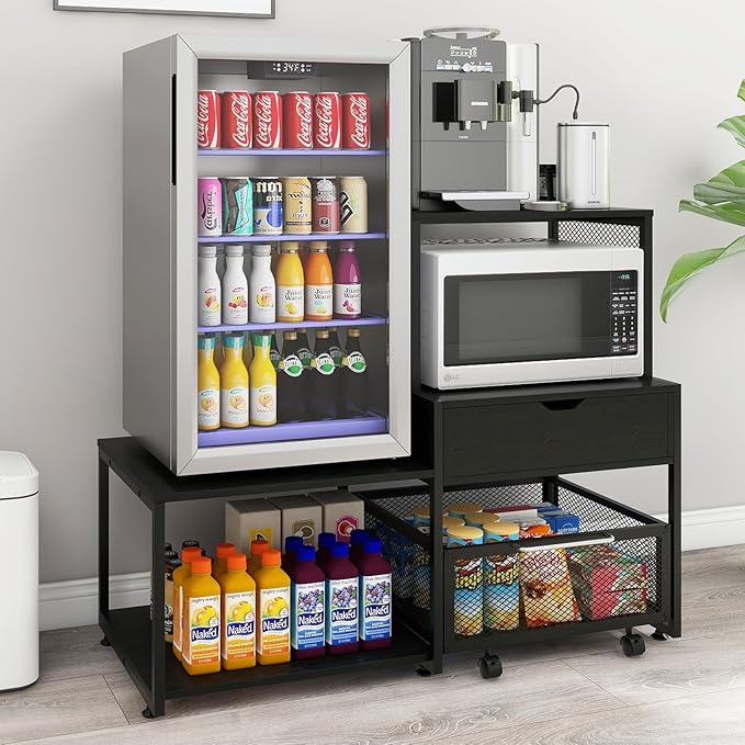 PUNCIA Coffee Bar Cabinet with Mini Fridge Stand Storage & Power Outlet | Microwave Oven Stand & Beverage Refrigerator Table, Built-in Drawer Rolling Basket for Dorm Apartment Pantry Organizer